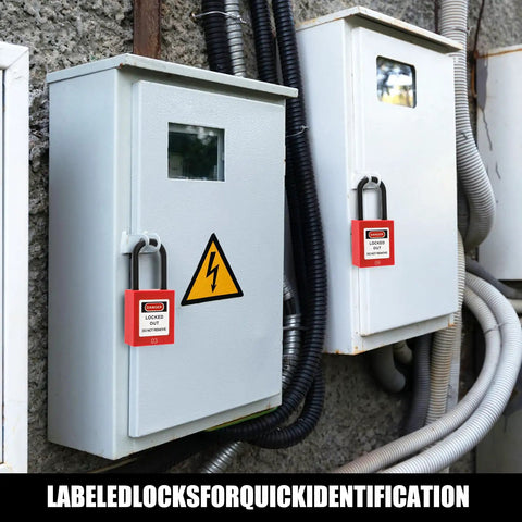 10 Pack Lockout Tagout Padlocks For Stations And Devices, Keyed Differently, Red Plastic Unibody Locks with Two Keys Per Lock, shown installed on electrical boxes.
