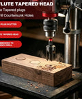 Hardcore 20 Piece Countersink Drill Bit Set With Tapered Bits showcasing a wood plug cutter in action on hardwood.