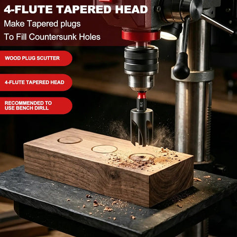 Hardcore 20 Piece Countersink Drill Bit Set With Tapered Bits showcasing a wood plug cutter in action on hardwood.