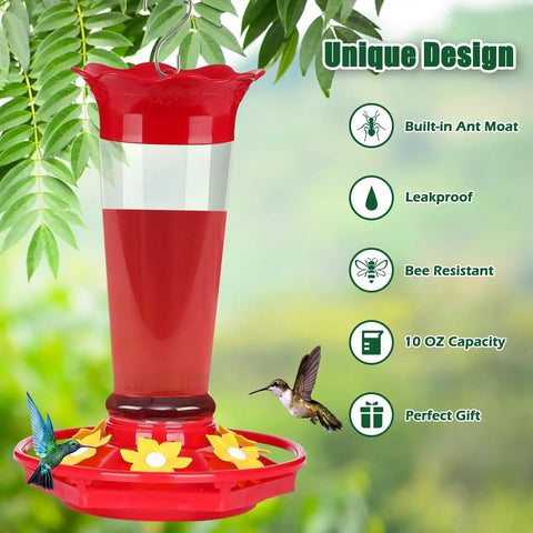 Image of 2 Pack 10oz Plastic Hummingbird Feeder With Ant And Bee Proof Design, featuring red flower ports and hanging outdoor setting.