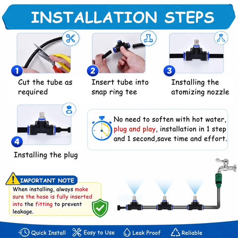 Installation steps for Easy Install Mist Kit For Warehouse Cooling And Livestock Shelter Relief Greenhouse Humidification And Outdoor Cooling Industrial Pro Grade Misting System With Adjustable Run Lengths From 33 To 656 Ft For Farms Patios Gardens