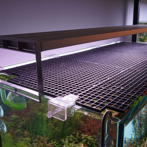 Solid As A Rock Aquarium Lid Clips, Transparent Abs Plastic Rimless Fish Tank Brackets And Anti Jump Guards, top view of installed tank lid clips.