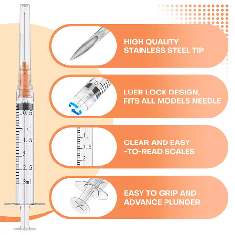 3ml Luer Lock Syringe 25 Gauge 1 Inch individually packaged 100 pack with stainless steel tip and clear scales