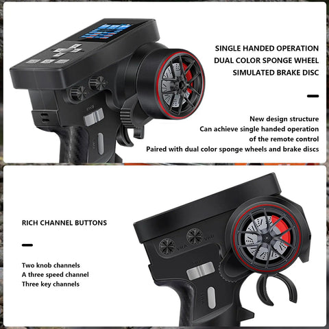 8 Channel 2.4GHz RC Transmitter With Receiver pictured with single hand operation, dual color wheel, adjustable grip