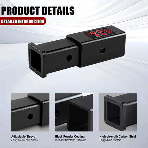 Trailer Hitch Reducer Sleeve From Three Inch To Two And One Half Inch And From Two And One Half Inch To Two Inch Carbon Steel With Five Eighth Inch Pin And Clip Fits Class V Hitch Receivers For Bike Racks Cargo Carriers And Ball Mounts, product details and features displayed.