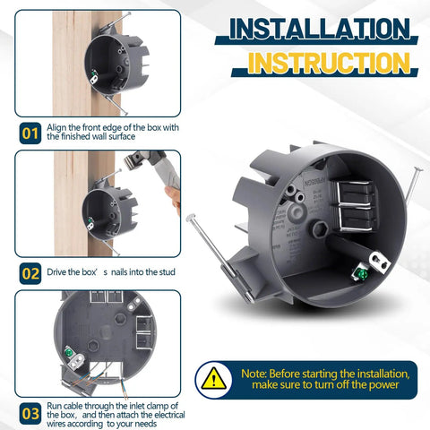 6 Pack Round Ceiling Electrical Boxes For DIY Pros, 20 Cu In PVC Junction Boxes With Grounding Lug And Screws, Great For Light Fixtures And Ceiling Fans, Ideal For New Work Installations, Gray, installed in wall stud