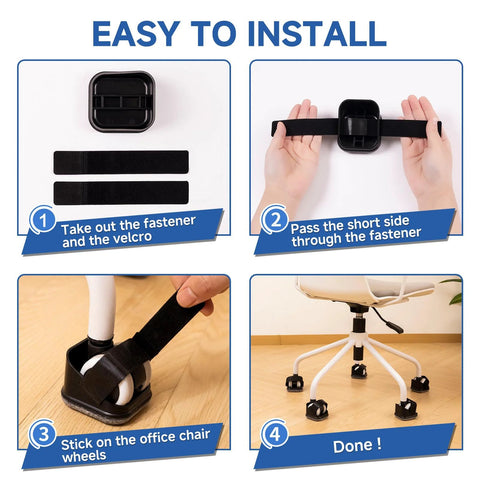 Installation steps of Five Pack Office Chair Caster Pads With Felt Backing For Scratch Prevention And Quiet Rolling.