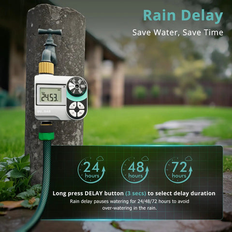 Brass Sprinkler Timer for Garden Hose Faucet with Waterproof HD Screen Rain Delay Feature in Yard Setup