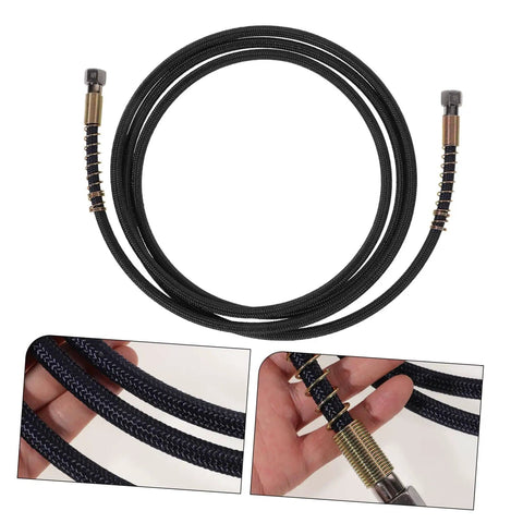 Pro Grade Heavy Duty Steam Hose For Steam Iron Replacement showing black braided design and metal connectors