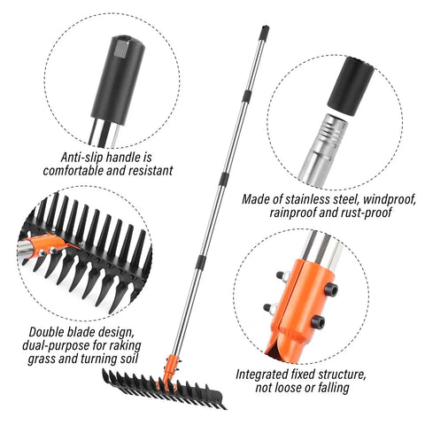Heavy Duty Metal Thatch Rake For Lawn Care 15 Inch Wide Dethatcher With Sturdy Handle features and parts close-up
