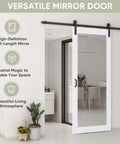 36 By 84 Inch Mirror Barn Door With Sliding Door Hardware Kit Included White Full Length Mirror Built From Solid Pine Core Wrapped In Waterproof PVC Surface No Assembly Required Space Saving Modern Home Decor in a modern living room