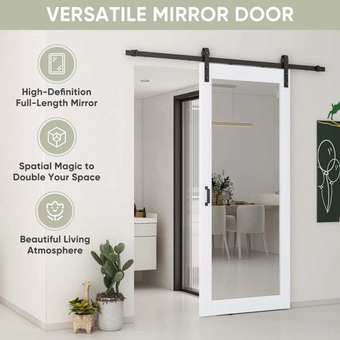 36 By 84 Inch Mirror Barn Door With Sliding Door Hardware Kit Included White Full Length Mirror Built From Solid Pine Core Wrapped In Waterproof PVC Surface No Assembly Required Space Saving Modern Home Decor in a modern living room