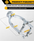 Square hole bit holder for woodworking, measures 155mm x 100mm, suitable for drill clamps 38mm to 55mm.