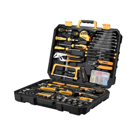 Must-Have All-In-One 198 Piece Home Repair Tool Kit With Plastic Toolbox featuring wrenches, screwdrivers, pliers, Allen keys.
