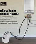 Tankless Water Heater Descaling Flush Kit With Inline Submersible Pump And Quick Connect Adapters Three Gallon Utility Bucket in use with hoses.