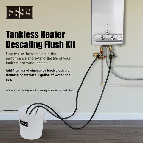 Tankless Water Heater Descaling Flush Kit With Inline Submersible Pump And Quick Connect Adapters Three Gallon Utility Bucket in use with hoses.