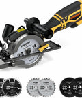 5.5 Inch Mini Circular Saw With Laser Guide And Auxiliary Handle 6.5 Amp Copper Motor Whips Through Wood Metal And Tile For Smooth Snag Free Cuts In Your Diy Projects Heavy Duty Build No Sweat Performance with blades.