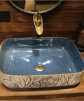 USZWBY Vessel Sinks Bathroom Vessel Sink Chinese Style Ceramic Washbasin Rectangular Countertop with Faucet Bathroom Bowl Sink with blue interior.