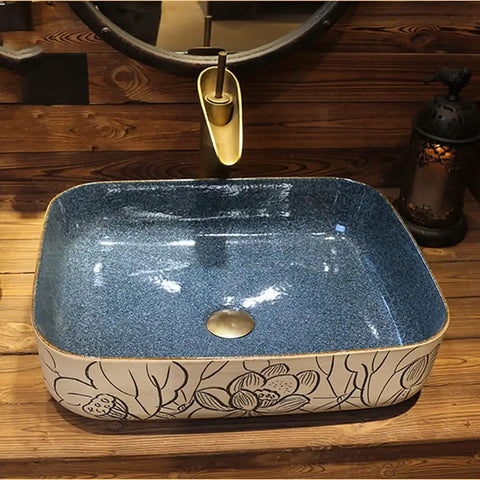 USZWBY Vessel Sinks Bathroom Vessel Sink Chinese Style Ceramic Washbasin Rectangular Countertop with Faucet Bathroom Bowl Sink with blue interior.