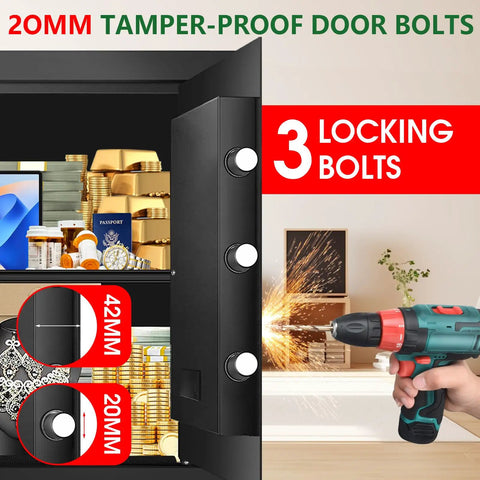 Image of Beefy 3.4 Cu Ft Water And Fireproof Home Safe With Digital Keypad And Back Up Key Dual Anti Pry Locking System showing tamper-proof locking bolts.