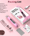 Beast Mode Heavy Duty Electric Nail Drill And Cordless Nail File Rechargeable Professional Manicure Kit with parts and packaging on pink background.