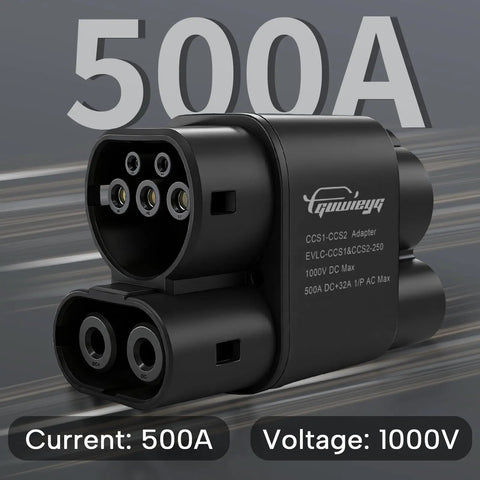 Road Ready Ccs1 To Ccs2 Ev Charging Adapter with dual connectors, 500A current, 1000V voltage, for fast EV charging.