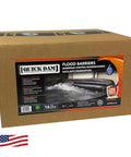 Packaging of Water Activated Flood Barrier Kit, 5ft Expands To 3.5 Inches In Minutes, No Fuss, Reusable Absorbers For Rain, Spills, Leaks, And Floods, Diverts Water And Protects Doorways, Garages, And More, Pack Of 16 with product label.