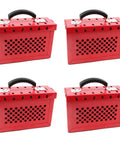 Four lockout tagout lock box kit for safer workspaces, red steel boxes with handles, room for 13 padlocks on each side, front slot for one padlock.