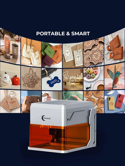 Carverall A1 Pro 10W mini laser engraver with camera, white desktop unit with orange transparent chamber (front view)