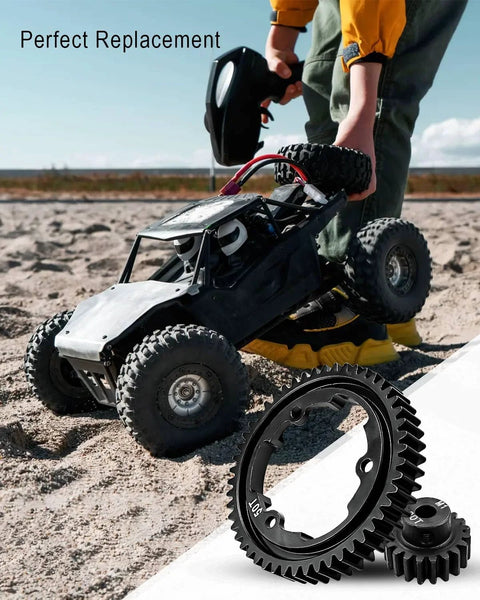 RC car gear set with 50T spur gear and 20T pinion gear, hardened steel.