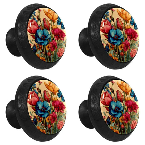 Colorful Flower And Butterfly Crystal Glass Cabinet Knobs Set Of 4 for dresser drawers cupboards wardrobes doors