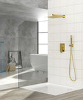 Wall Mounted Square Shower System with Rough-in Valve featuring gold finish and handheld shower in modern bathroom setting.