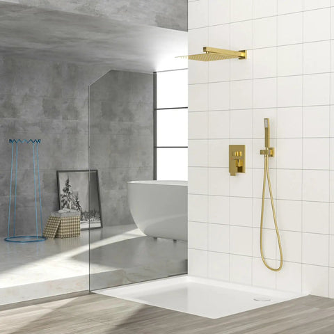 Wall Mounted Square Shower System with Rough-in Valve featuring gold finish and handheld shower in modern bathroom setting.