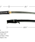 Unsharpened Stainless Steel Wakizashi Iaito For Iaido Training 21 Inch Practice Sword alongside black saya with dimensions