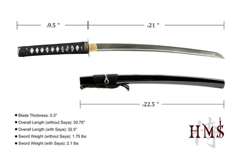 Unsharpened Stainless Steel Wakizashi Iaito For Iaido Training 21 Inch Practice Sword alongside black saya with dimensions