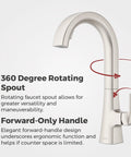 Pfister Vaneri Kitchen Faucet with Pull Down Sprayer, Stainless Steel, showing 360 degree rotating spout and ergonomic handle.