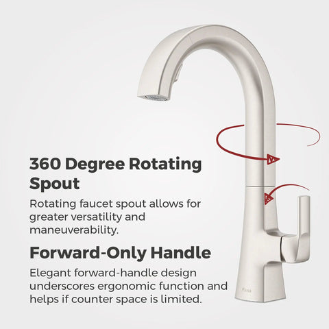 Pfister Vaneri Kitchen Faucet with Pull Down Sprayer, Stainless Steel, showing 360 degree rotating spout and ergonomic handle.