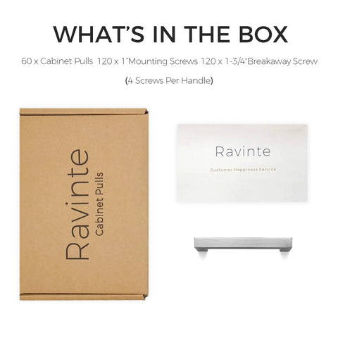 Box contents of 60 Pack 3.75 Inch Square Cabinet Handles In Satin Nickel Brushed Nickel Finish with screws and handles.