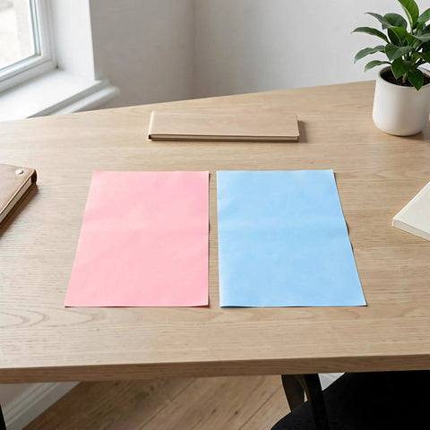 Colorful Carbon Tracing Paper Pack for Erasable Transfers on A4 Sheets, Perfect for Wood, Canvas, Embroidery and Crafts, Mess Free, Quick Copy, Ideal for Artists, Designers, and DIY Projects, pink and blue sheets on desk