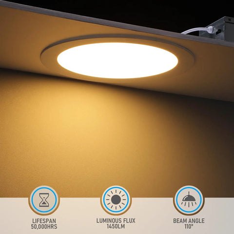 Ultra Thin 8 Inch LED Recessed Downlight With Junction Box, 5CCT Selectable, illuminating a surface, showing features.