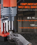 No Sweat Portable Magnetic Drill Press Loaded With A Muscle Bound 1300W Copper Motor and Rock Hard 2922 Lbf Base, showing twist drill chuck and details.