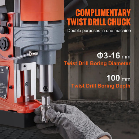 No Sweat Portable Magnetic Drill Press Loaded With A Muscle Bound 1300W Copper Motor and Rock Hard 2922 Lbf Base, showing twist drill chuck and details.