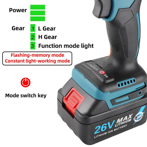 Heavy Duty Cordless Rivet Gun With Battery Brushless Electric Rivet Nut Kit For M3 To M12 Fasteners showing battery specs and switch key.