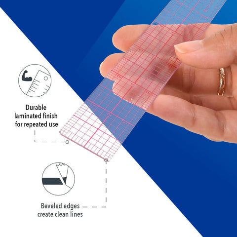 18 Inch Transparent Beveled Ruler With Center Zero, 8ths Of An Inch On One Side And Centimeters On The Other, Go To Drafting Ruler For Architects, Artists, And DIYers, Clear Edge, Durable Plastic, held in hand