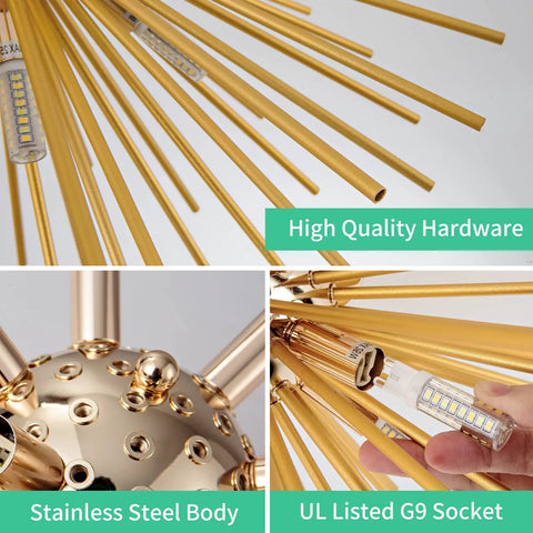 Close-up of Six-Light Gold Firework Flush Mount Ceiling Light Fixture with G9 Socket, sleek gold rods and UL listed sockets.