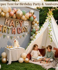 XXL Teepee Tent For Adults And Kids With Vine LED Lights Waterproof Cotton Canvas Playhouse set up for a birthday party