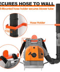 Backpack Blower Rack Wall Mount 4 Pack Heavy Duty Steel Holder With Hose Hook And Rubber Coated Guard No Wobble Secure Storage For Leaf Blowers Ideal For Home Garages And Pro Landscaping, 4.92 in hose holder