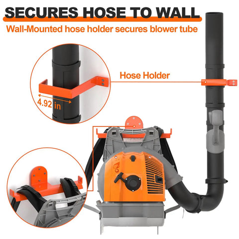 Backpack Blower Rack Wall Mount 4 Pack Heavy Duty Steel Holder With Hose Hook And Rubber Coated Guard No Wobble Secure Storage For Leaf Blowers Ideal For Home Garages And Pro Landscaping, 4.92 in hose holder