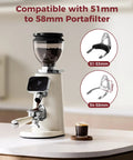 Tuni G3 Commercial Espresso Coffee Grinder With 64mm Flat Burrs, Stainless Steel Conical Mill, 100 Precision Grind Settings For Barista Grade Pour Over And French Press Brewing Perfection In Sleek Ivory on a countertop with portafilter compatibility details.