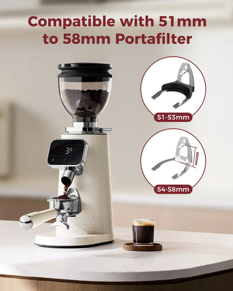 Tuni G3 Commercial Espresso Coffee Grinder With 64mm Flat Burrs, Stainless Steel Conical Mill, 100 Precision Grind Settings For Barista Grade Pour Over And French Press Brewing Perfection In Sleek Ivory on a countertop with portafilter compatibility details.